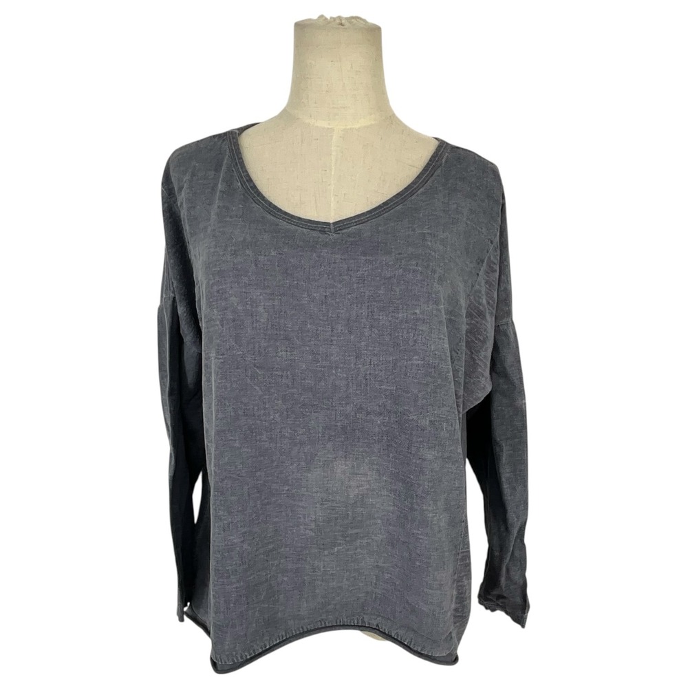 Kaktus Womens Denim Blue 100% Linen Long Sleeve‎ V-Neck Top Made in Italy Sz M